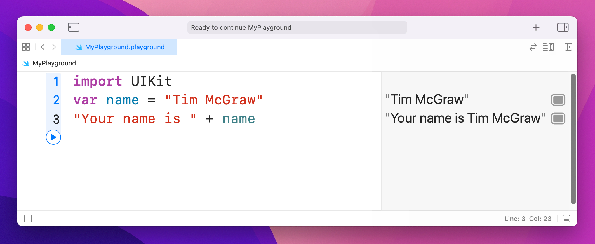 Adding a name to a String using the plus operator.